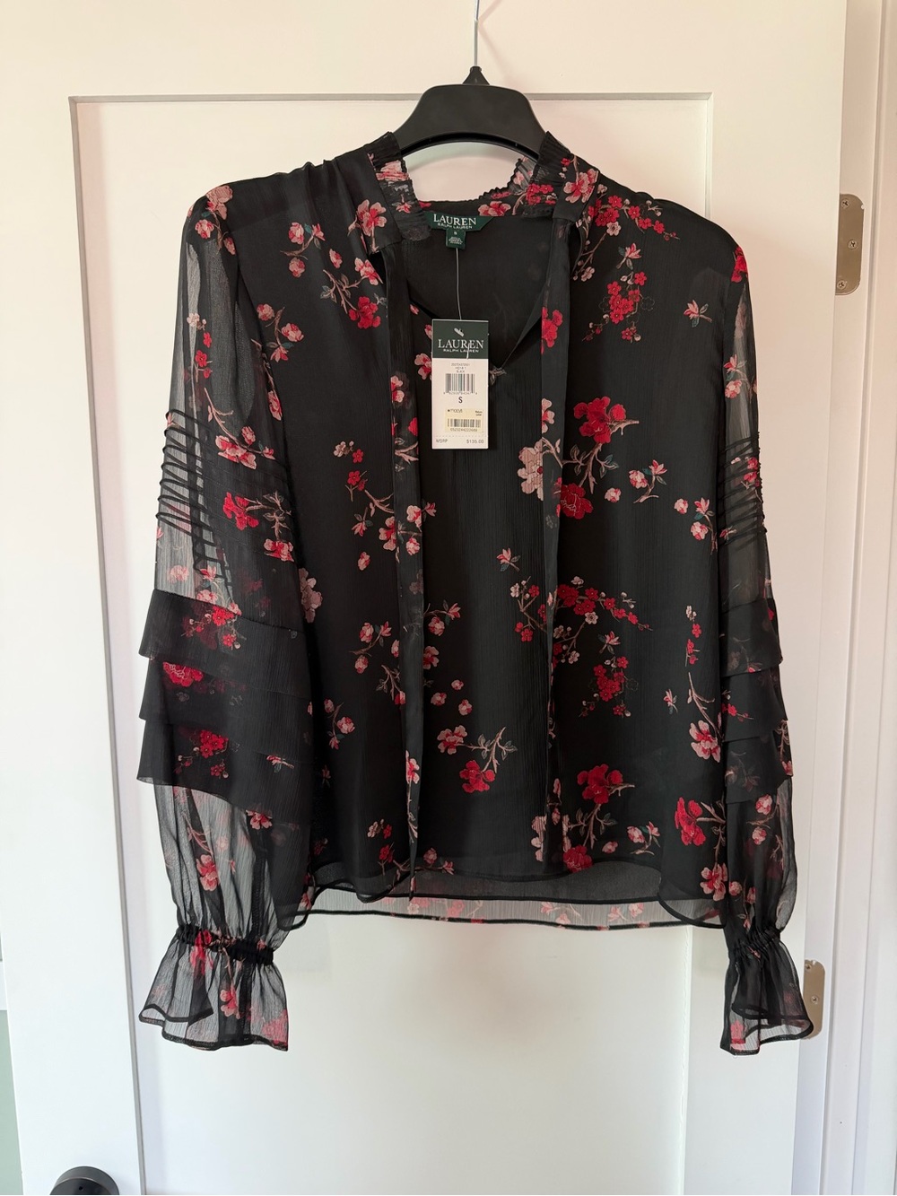 Ralph Lauren Black Sheer Floral Blouse with Red & Pink Accents